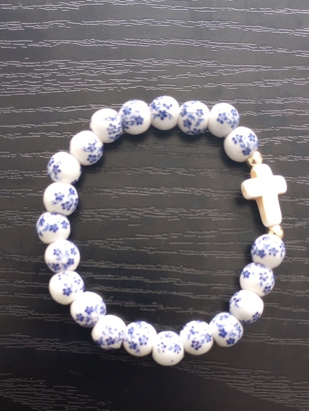 Delft Blue Floral Bead Bracelet with Off White Cross
